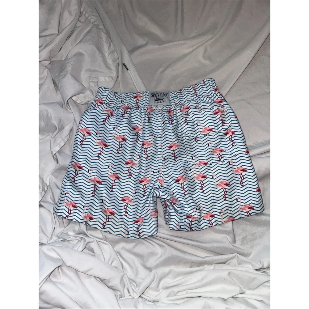 Spicy Tuna Boys 10 All Over Flamingo Swim Trunks Light‎ Blue Drawstring